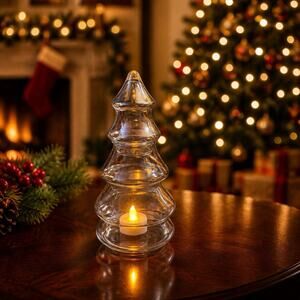 Glass Christmas Tree Jar Candy Dish W/ Lid Anchor Hocking Vintage 9” Tall